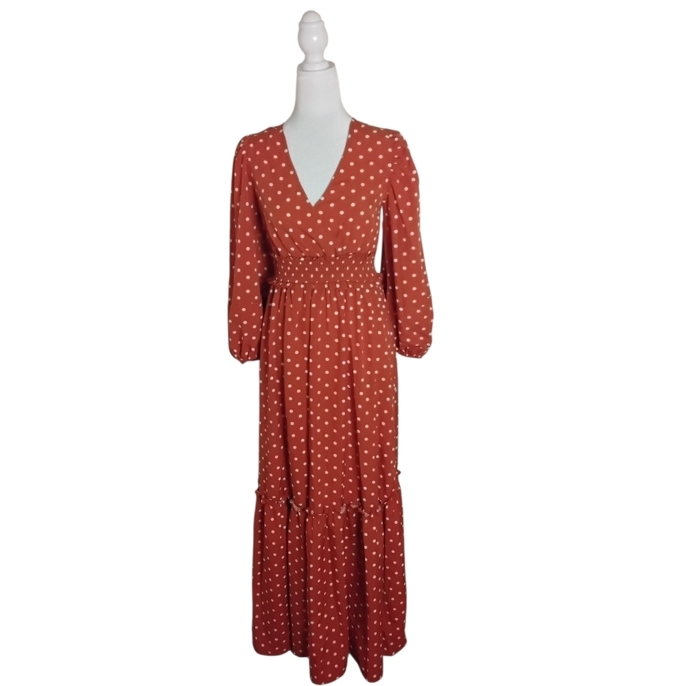 Pink Lily Women's S Orange White Poka Dot Long Sleeve V-Neck Ruffles Maxi Dress